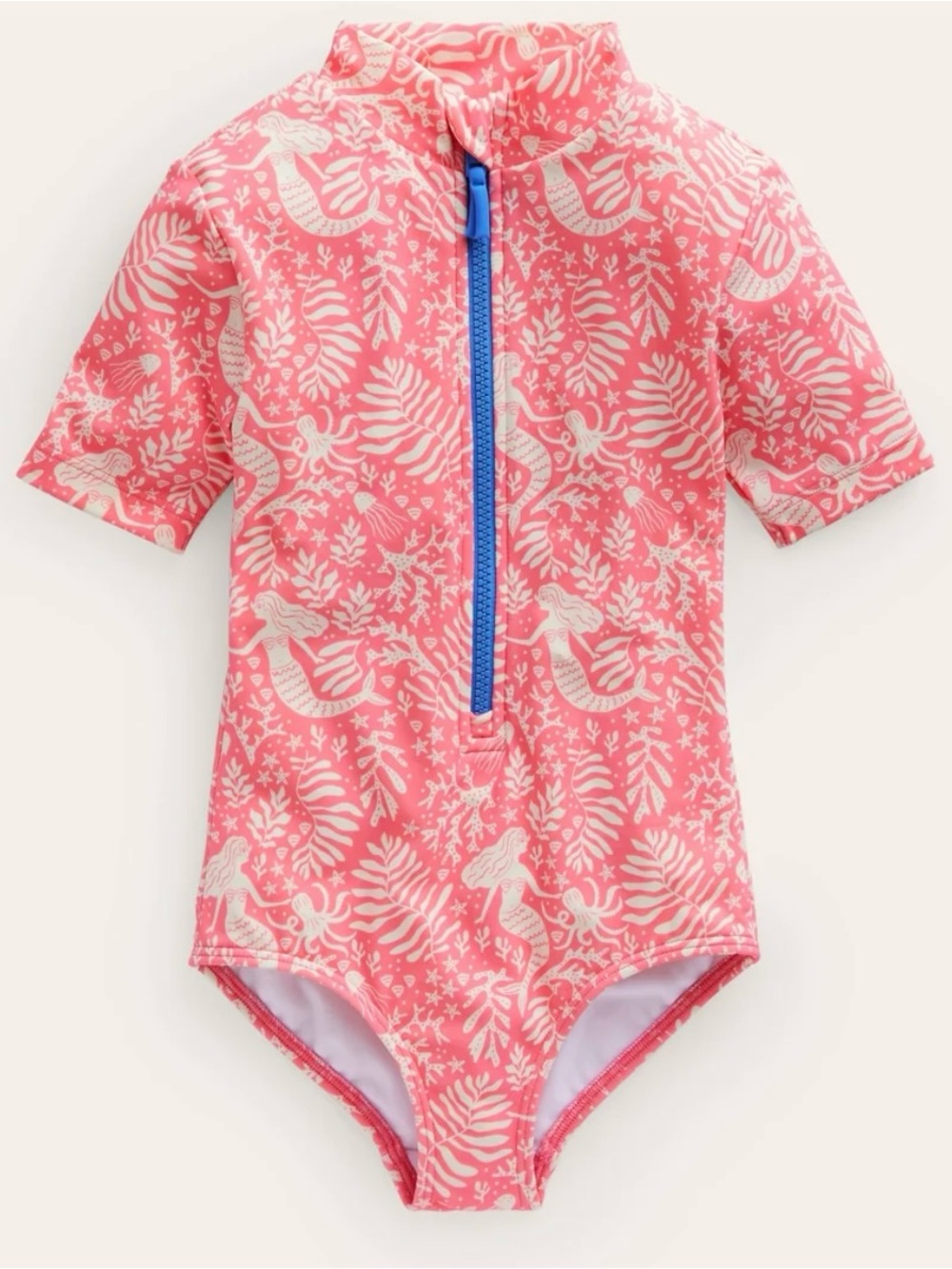 Mini Boden Short-Sleeve Rash Guard Swimsuit - Strawberry Pink Mermaid